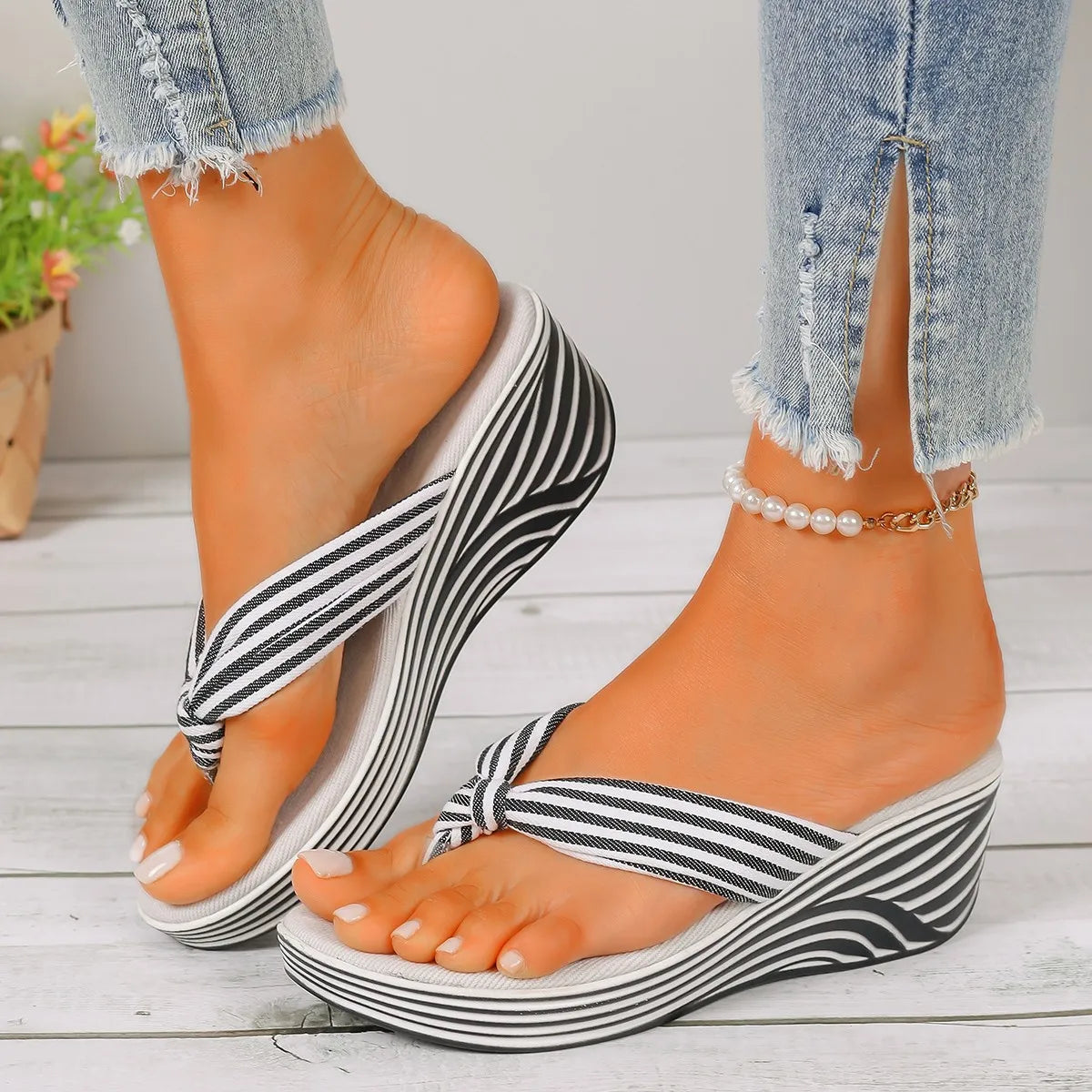 Sassy Stepper – Striped Wedge Sandals