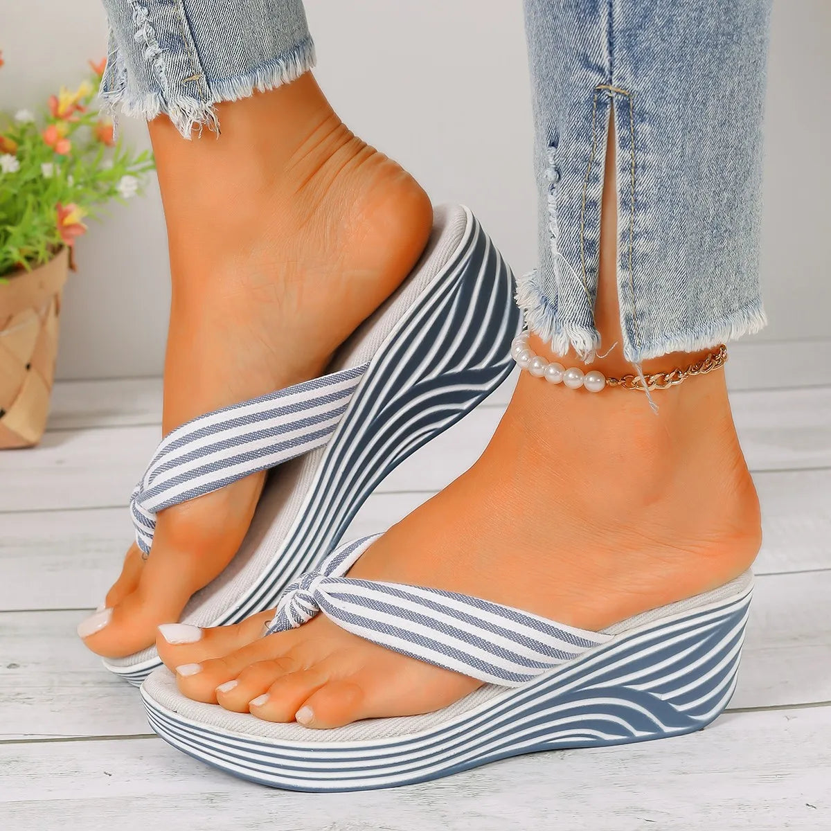 Sassy Stepper – Striped Wedge Sandals